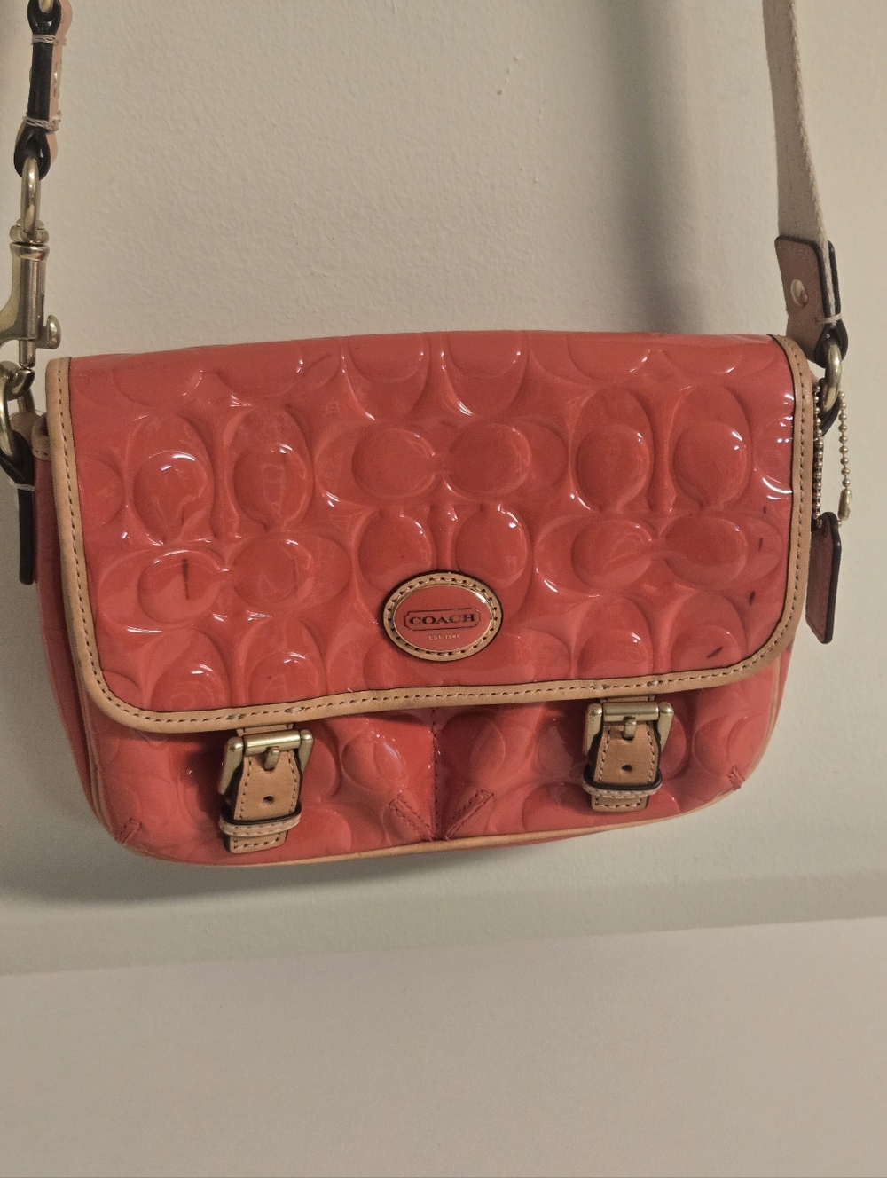 COACH Coral Patent Signature Crossbody with Tan Trim